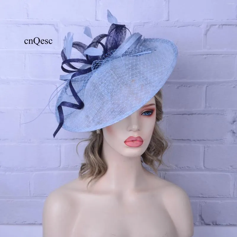 Pale Blue Navy Sinamay Saucer Feather Fascinator Hat for  display picture 3
