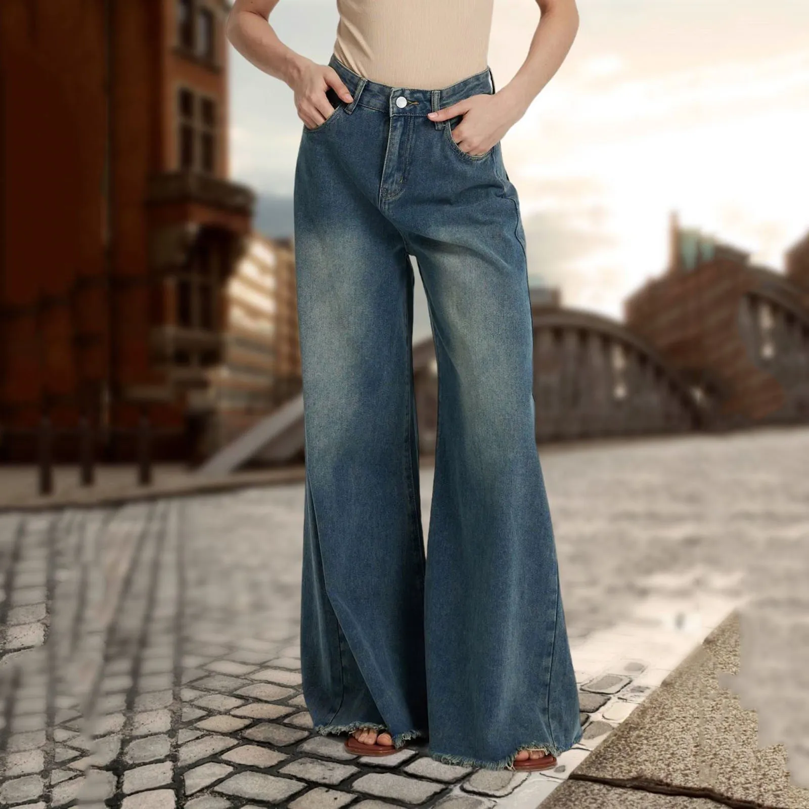 DHgate.com:Vintage Korean Y2K Denim Wide Leg Parachute Jeans