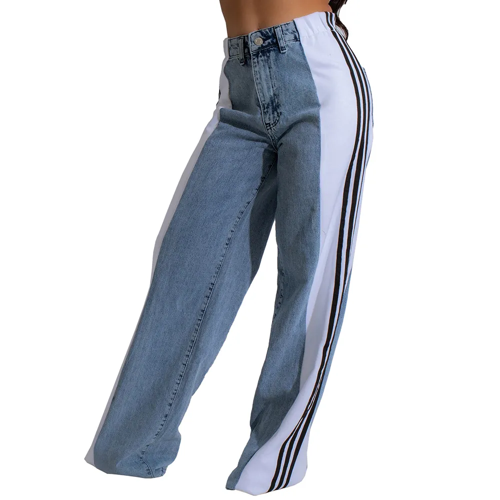 Women's High Waist Patchwork Denim Pants - Distressed Straight Leg Vintage Jeans, Blue, XL