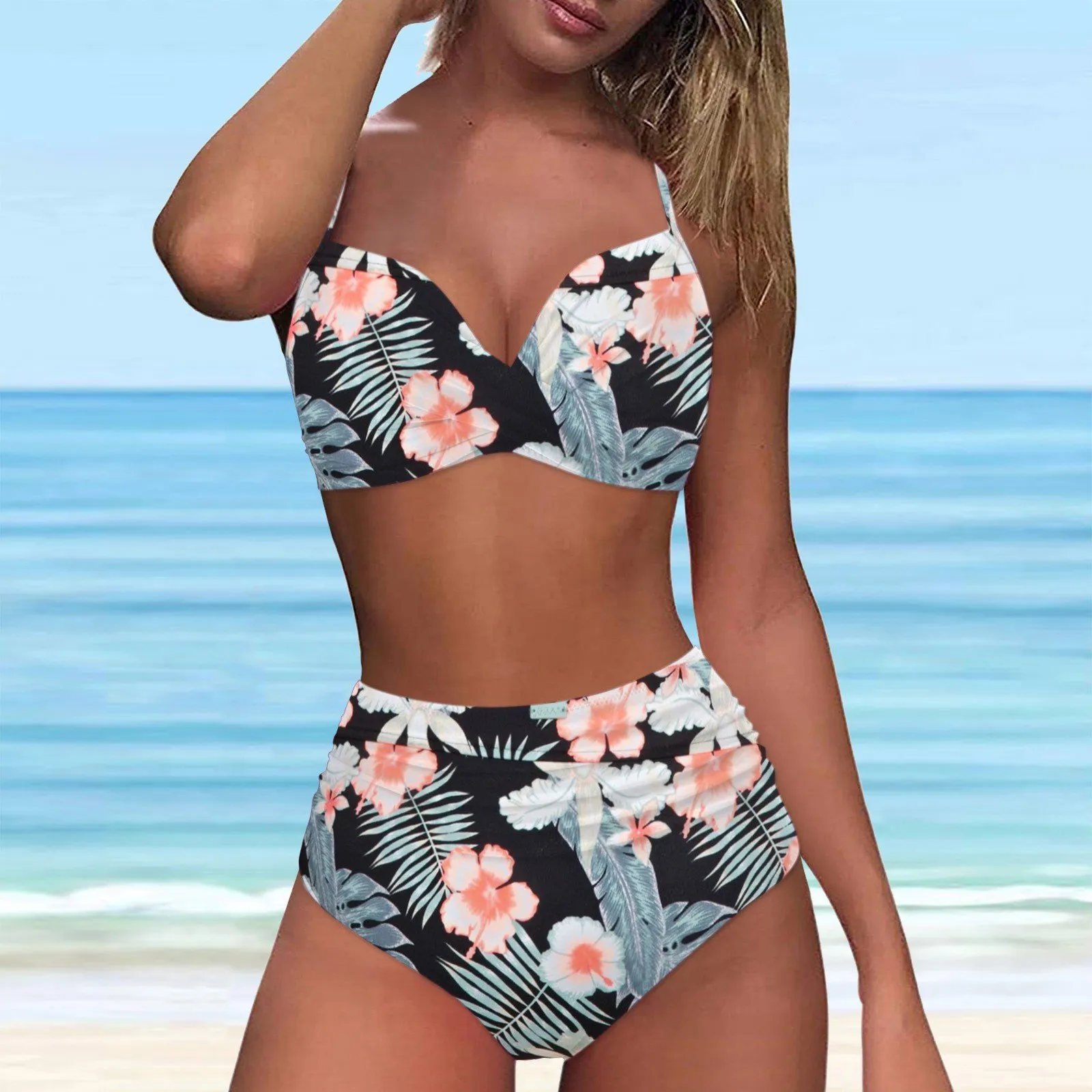 DHgate High Waist Floral Push Up Bikini Set Padded Swimsuit for Womens Beachwear Apparel