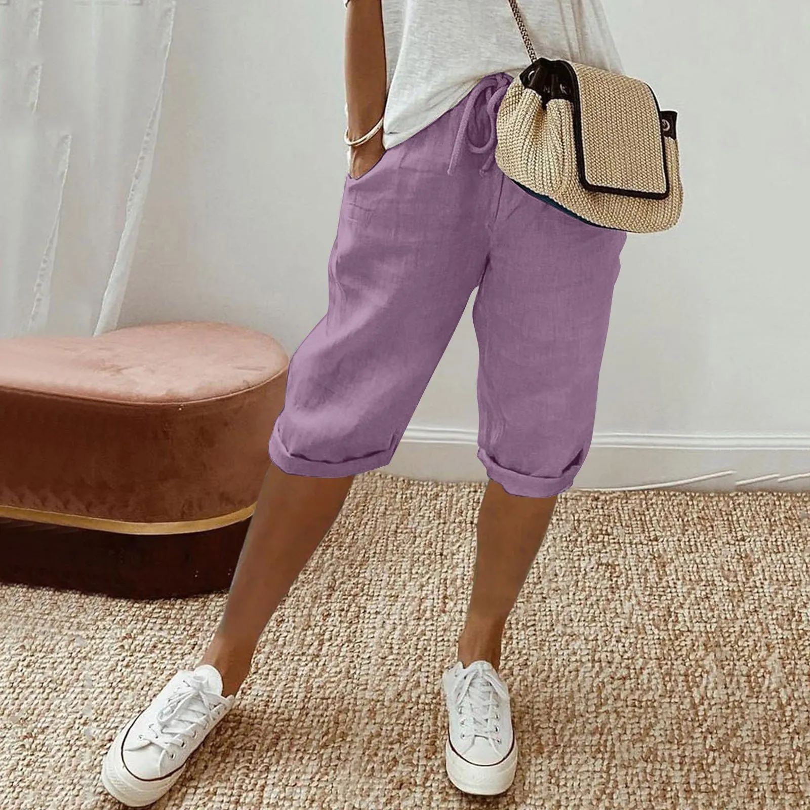 Bermuda Shorts For Women Knee Length Elastic Waist Long