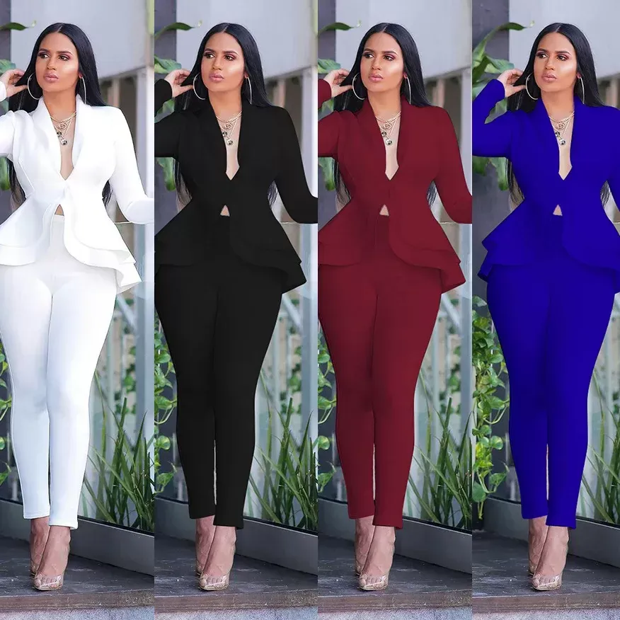 DHgate Womens 2 Piece Ruffle Blazer Set with Full Sleeves and Pants Elegant Office Suit for Ladies Apparel