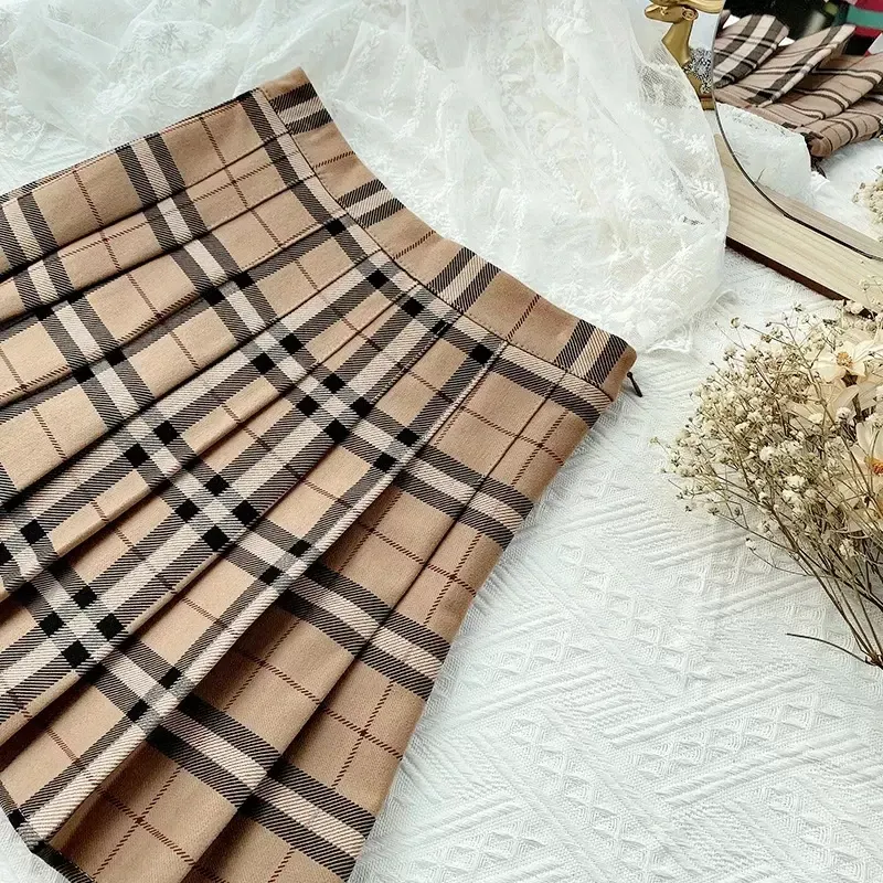 Plaid Stripes Women Korean High Waist Khaki Mini Skirt A-Line