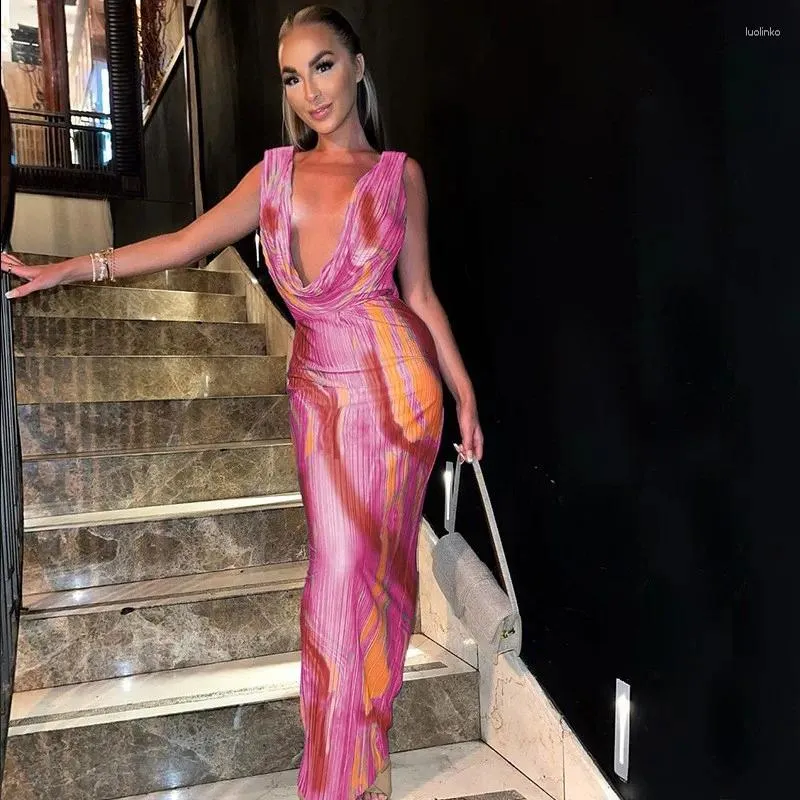 Sexy Club Dresses Low-Cut Sleeveless Maxi Dress, Summer Fashion Backless Gown, Slim Fit Stretch Long Robe for Women