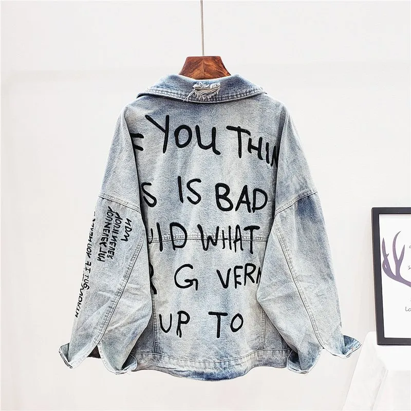 DHgate.com:Harajuku Denim Jacket: Stylish Blue Letter Print