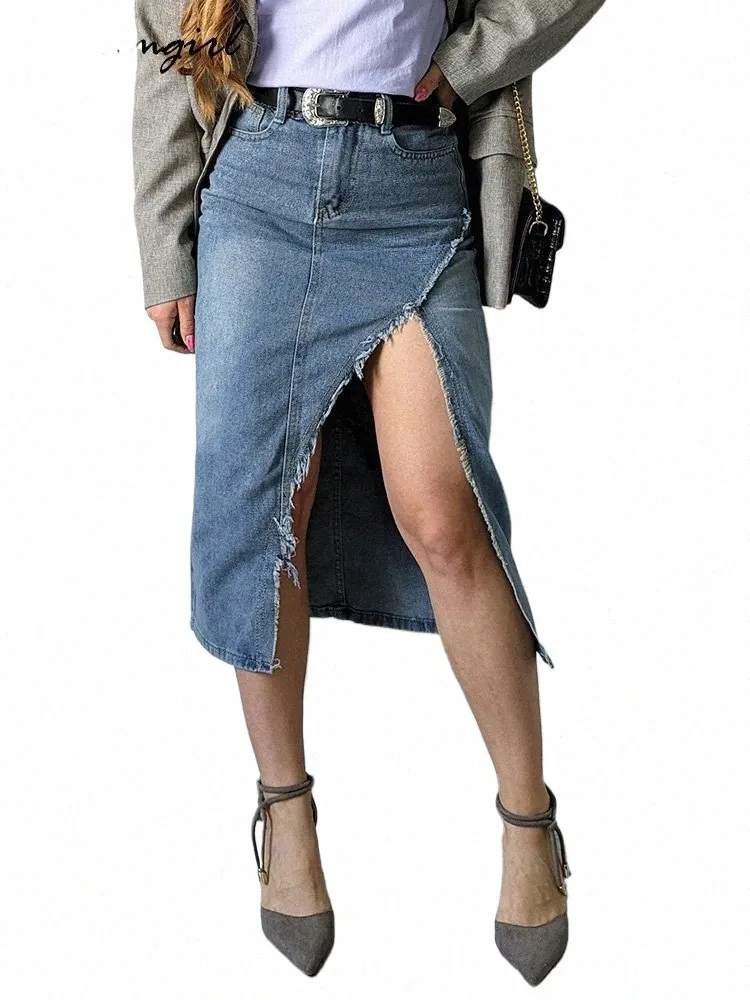 Tassel Split Denim Skirt Irregular Midi Skirt for Women, Casual Summer  A-Line Jeans Skirt