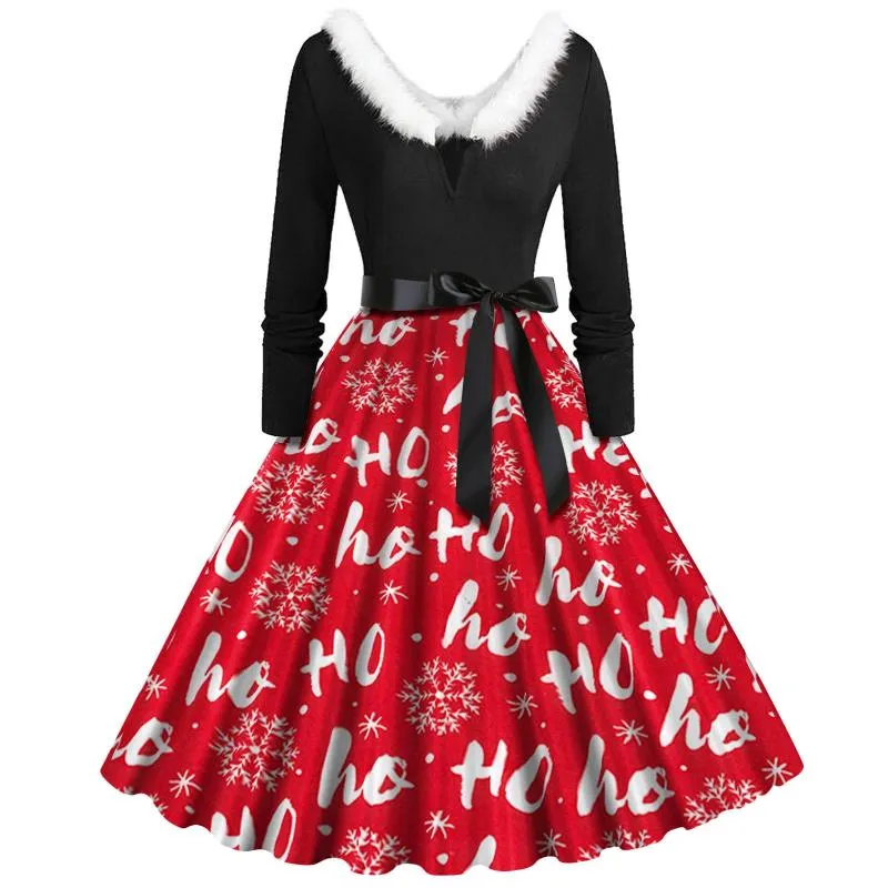 Vintage Rockabilly Christmas dress for women - Long Sleeve V-Neck with Fur Collar, Perfect for Parties and Housewives - Style 241010 Vintage Rockabilly Christmas dress for women - Long Sleeve V-Neck with Fur Collar, Perfect for Parties and Housewives - Style 241010