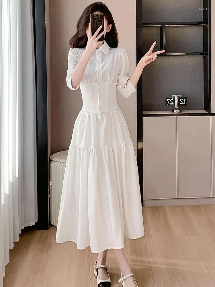 Party Dresses 2024 Summer Elegant Midi For Women Fashion Solid Color Half Sleeve Lace Up Office Lady French Female Clothes