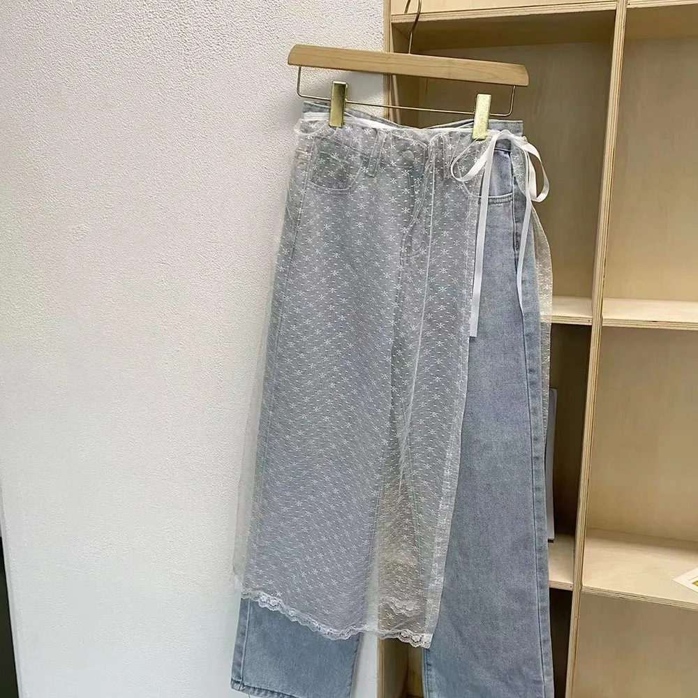 Lace Layered Yarn Skirt with Tied Half Apron and Curtains Pants Unique Korean Fashion Skirts