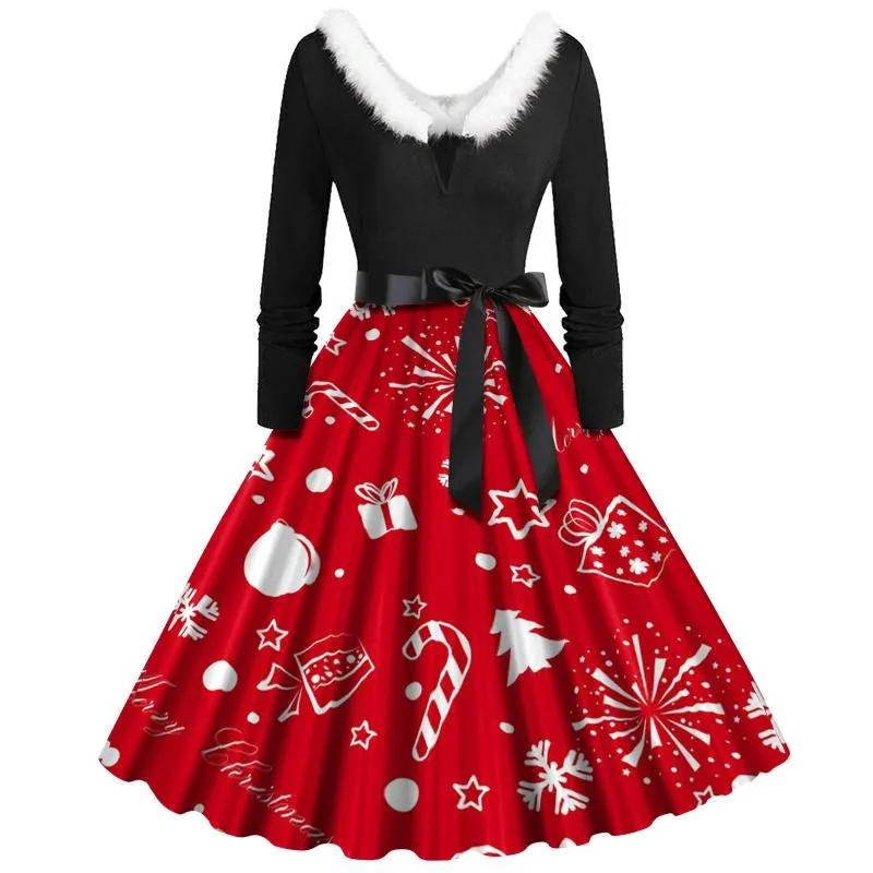 Elegant Red Christmas Dress with Swing Print and V-Neck