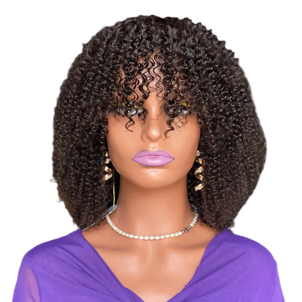 Perruque Bouclée Noire Avec Frange - Cheveux Naturels Remy - Longueur 14" - Taille Moyenne