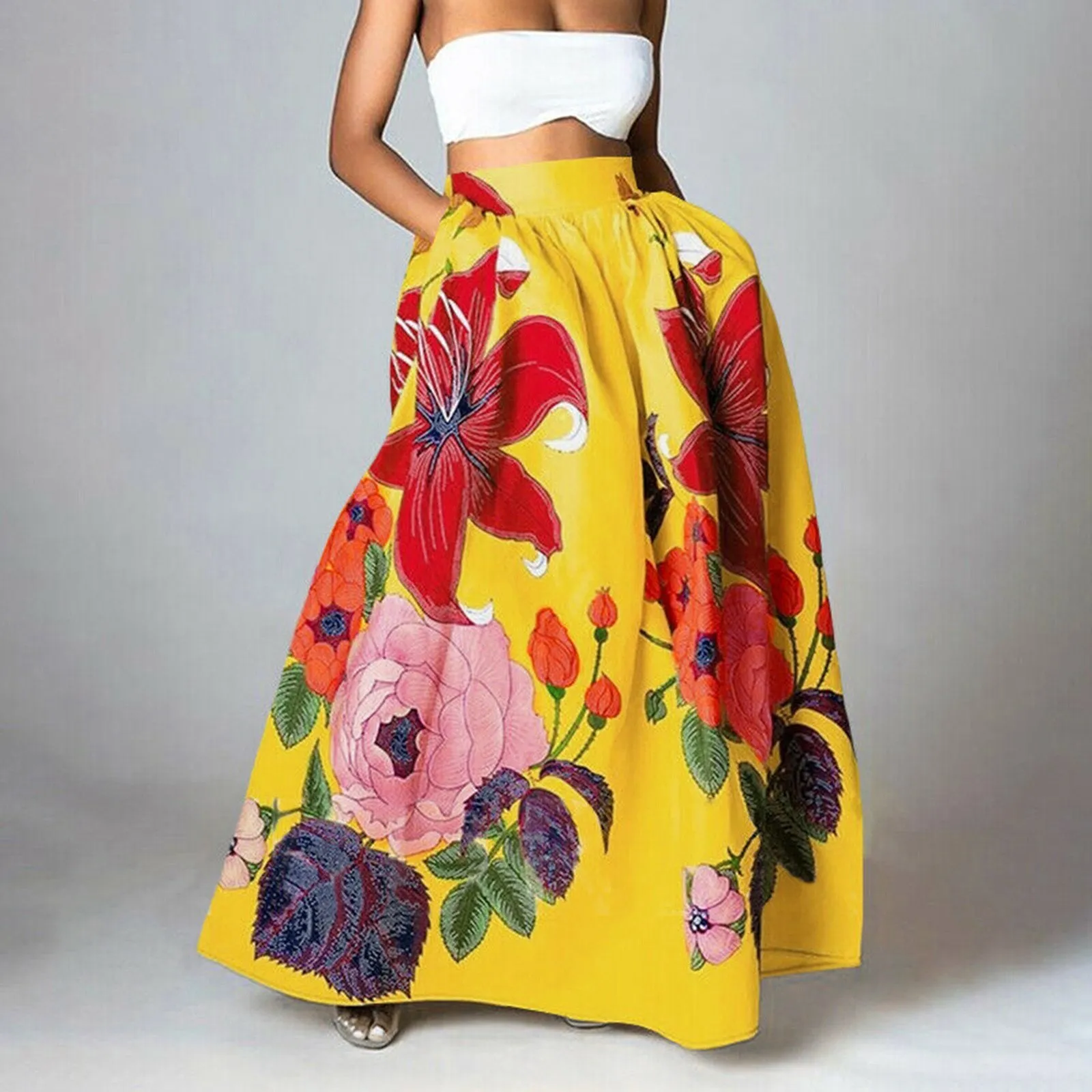 DHgate Floral Print High Waist Maxi Skirt with Pockets Bohemian Style Summer A Line Skirt for Women Apparel