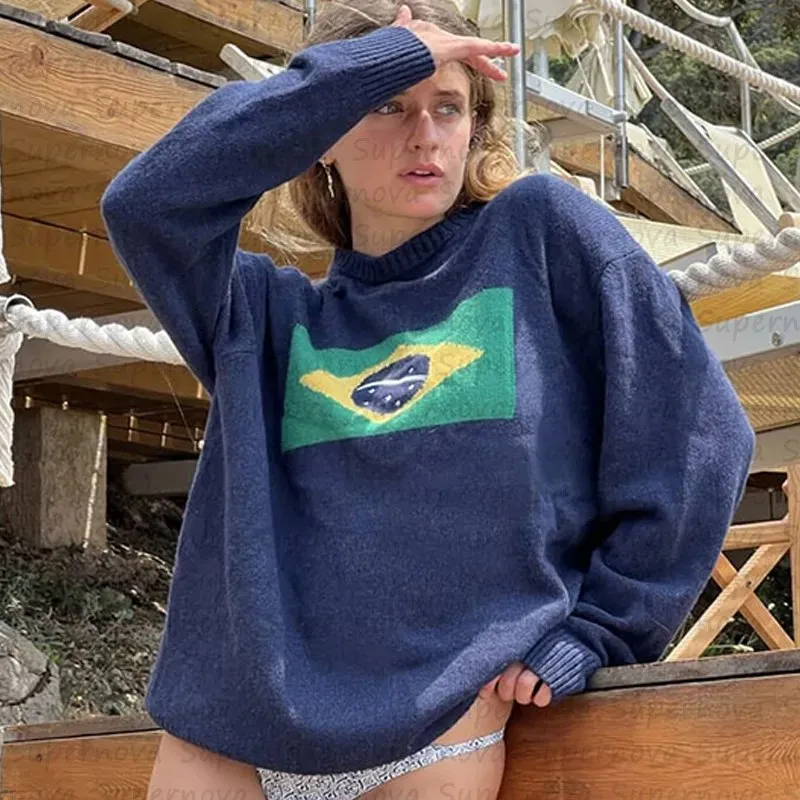 fashionable womens sweater top 90s retro Brazilian sports aesthetics Harajuku sweater oversized Y2K sweater clothing 240604