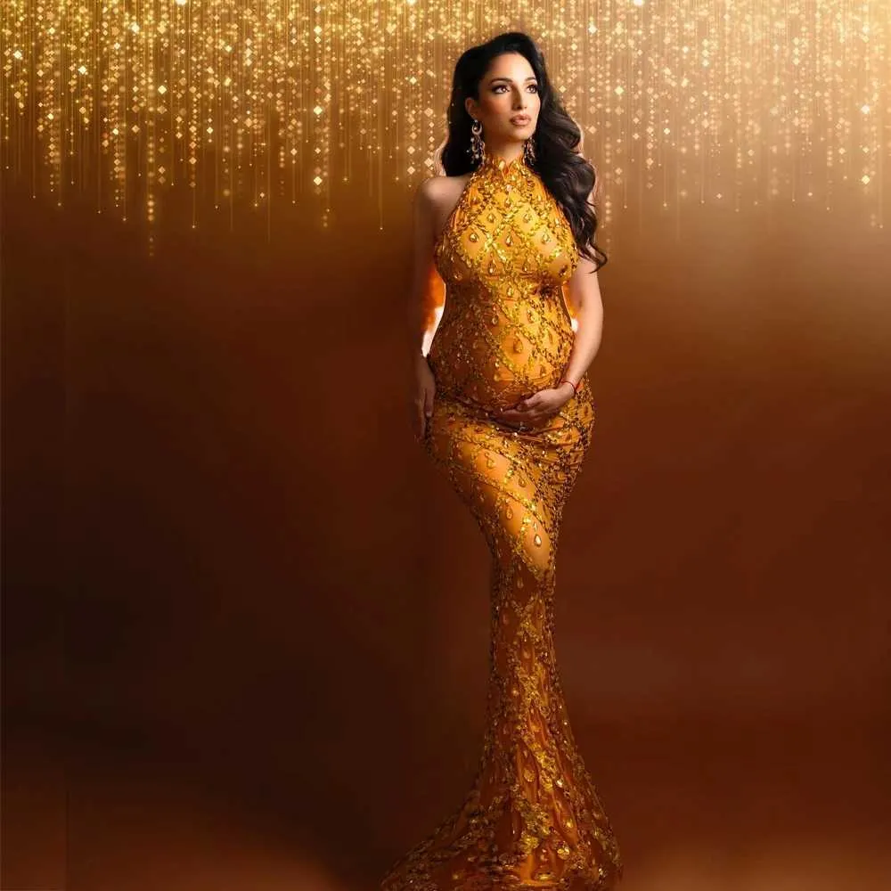 green emerald velvet dress Gold Sequin with Pearls Maternity Gowns for Photoshoot Pregnancy  Photography Baby Shower Dress YW231140 – yewendress main image 1