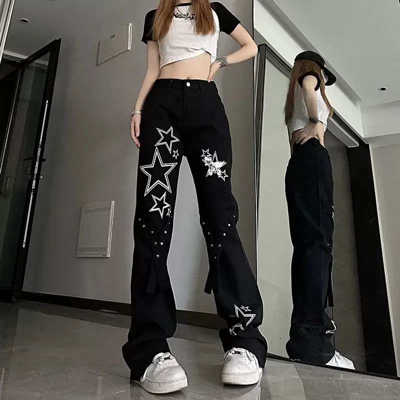 DHgate.com:Black Pattern Straight-Leg Denim Jeans for Women DHgate.com:Black Pattern Straight-Leg Denim Jeans for Women