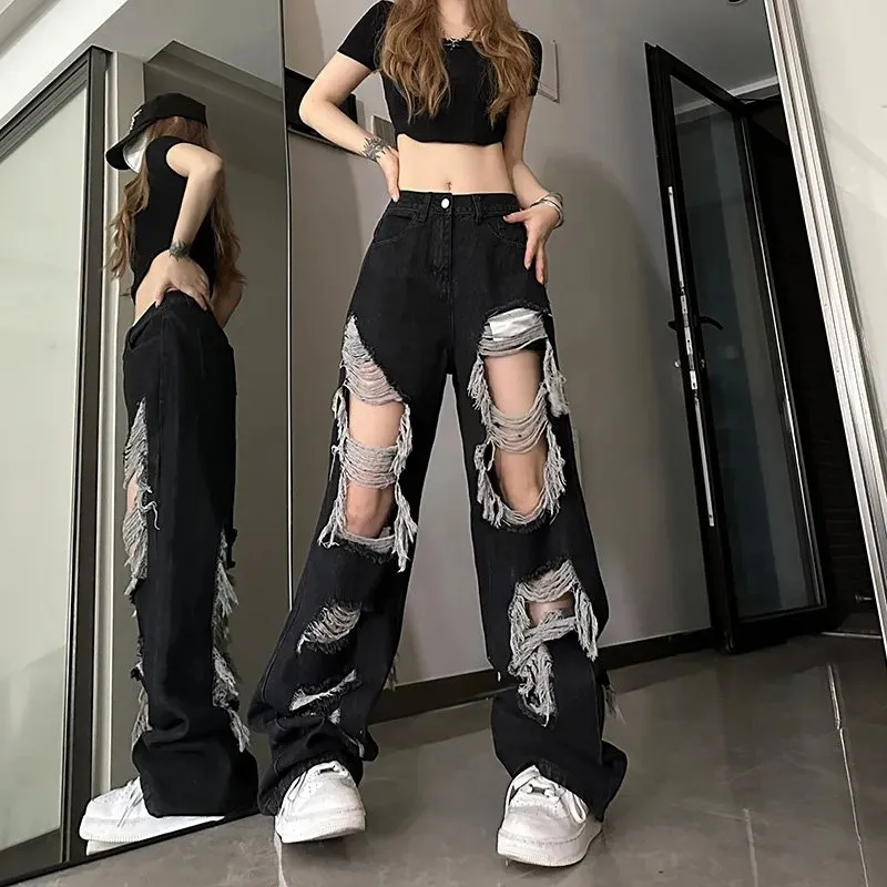 Black Ripped Y2K Jeans - Womens High Waist Gothic Pants