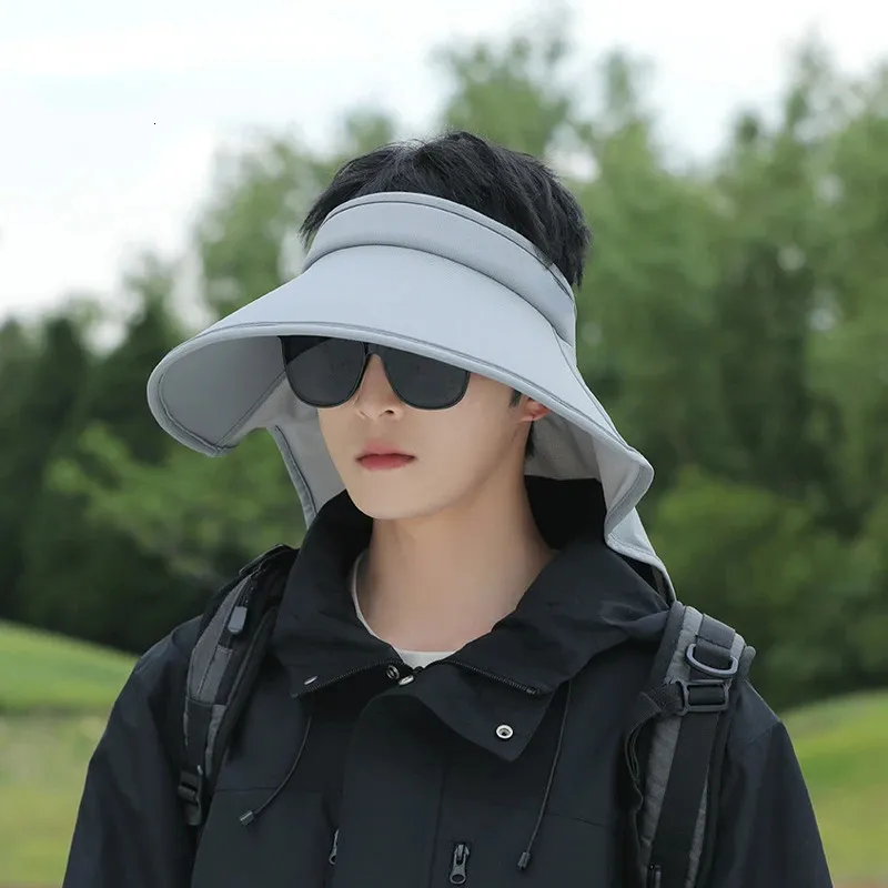 Sun Protection Hat Men Large Brim Shawl Empty Top Anti UV Beach Hat Korean Versatile Fashion Headwear Summer Women Cap Ins 240615