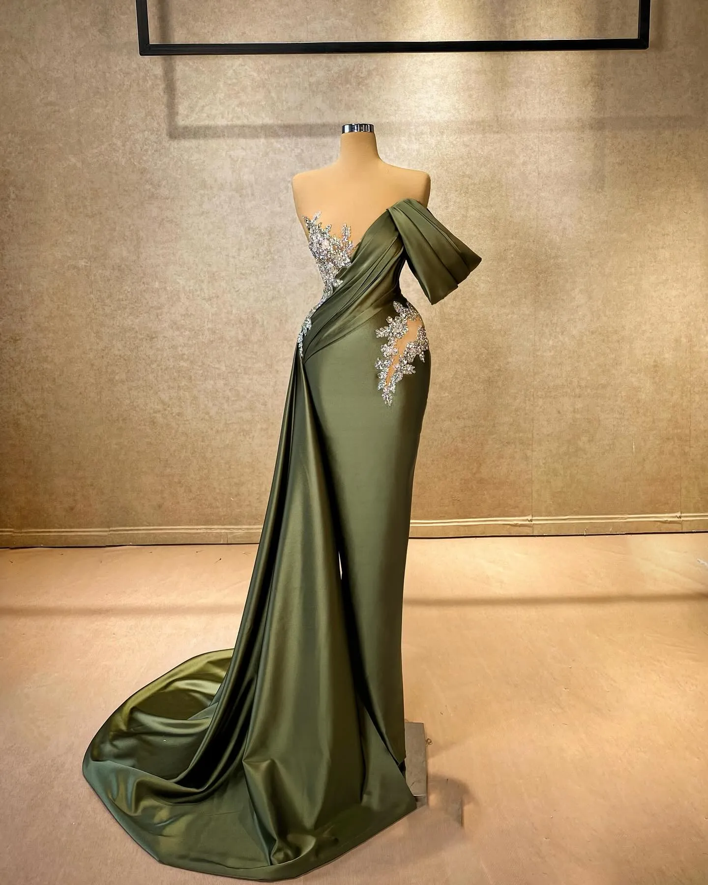 Olive green mermaid evening dress strapless satin crystal beaded court  train formal gown from Dhgate Evening Dresses - price 197.37
