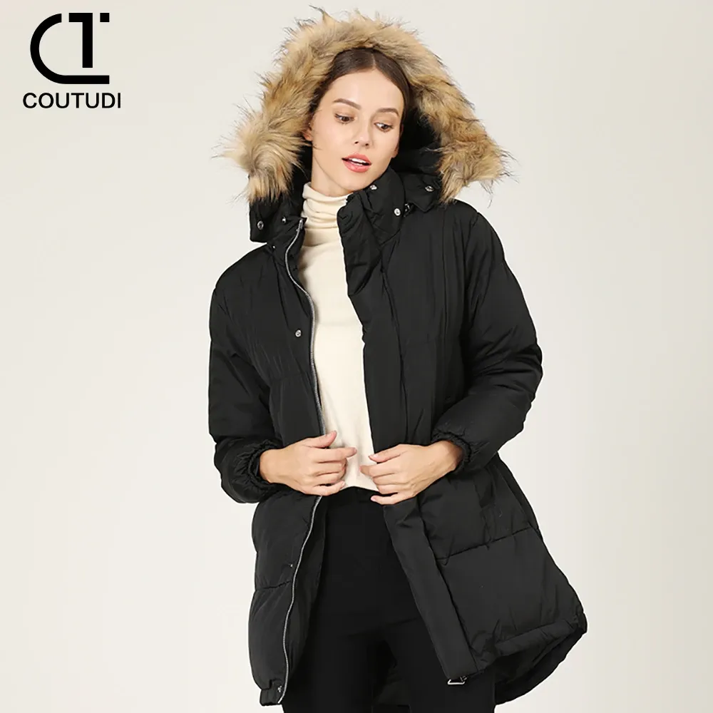 DHgate Coutudi Womens Down Cotton Jacket Fur Collar Hooded Parka Overcoat for Winter Apparel