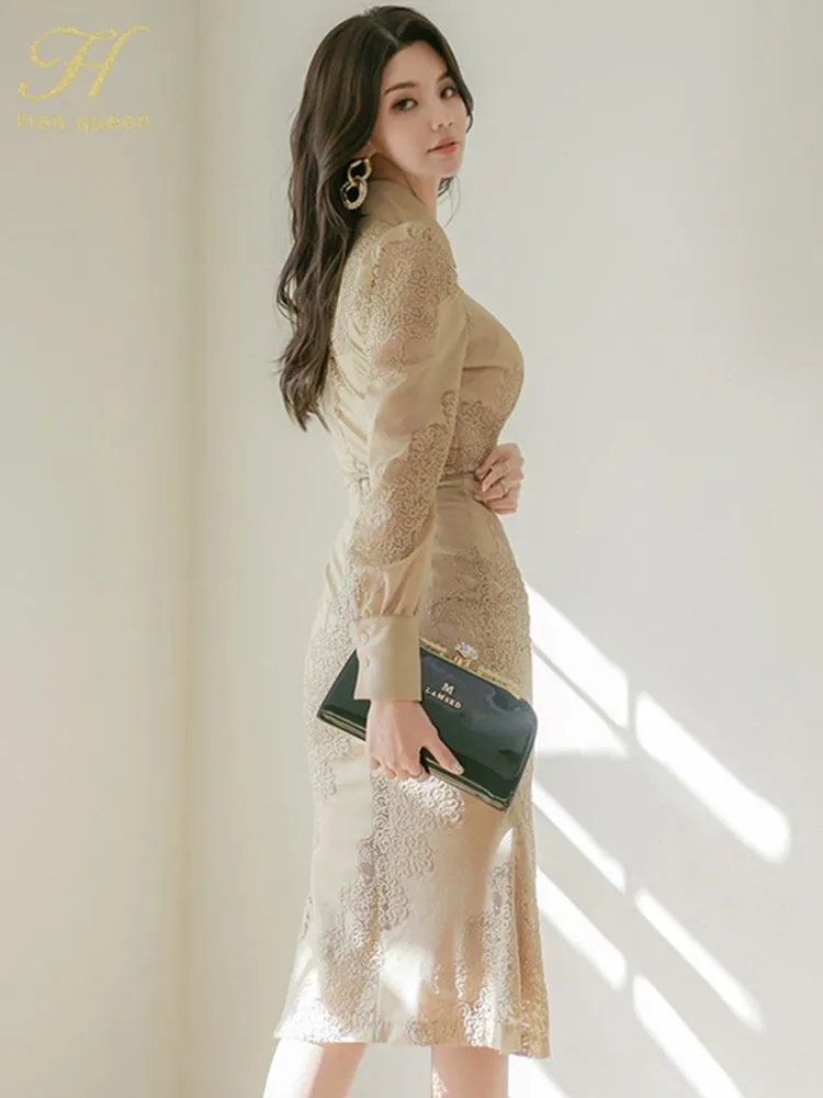 DHgate h Han Queen Korean Spring Lace Skirt Suits 2 Piece Set Elegant Long Sleeve Top and Pencil Mermaid Skirt for Casual and Party Wear Apparel