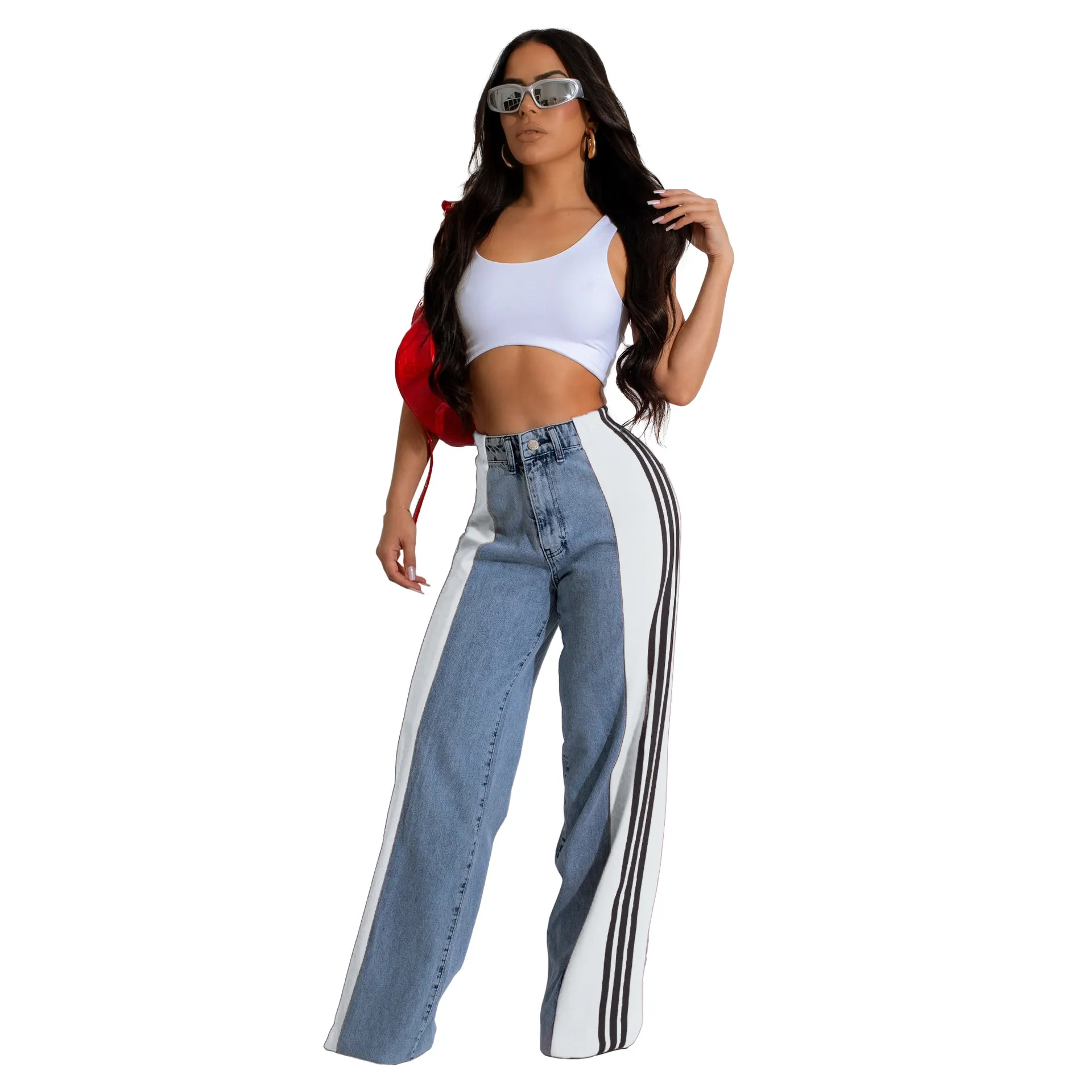 REALiKUN Womens Jeans With Patchwork Stripes High Waisted Stretchy Denim Color Block Straight Wide Leg Trendy Jean