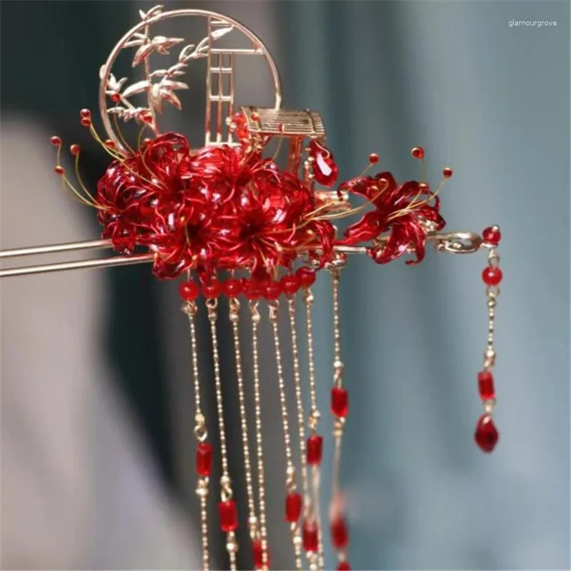 Kanzashi Floral Pearl Fan Sakura Hair Clip Red White Bell