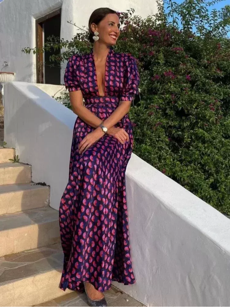 Summer Purple Printed Deep V-neck Loose Women Puff Sleeve Empire Waist  Ankle-Length Dress from Dhgate Basic & Casual Dresses - price 48.03
