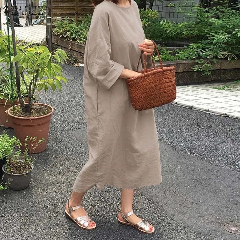 Zanzea Women Spring O Neck Long Sleeve Cotton Linen Dress Casual Sundress  Solid Color from Dhgate Urban Sexy Dresses - price 25.05
