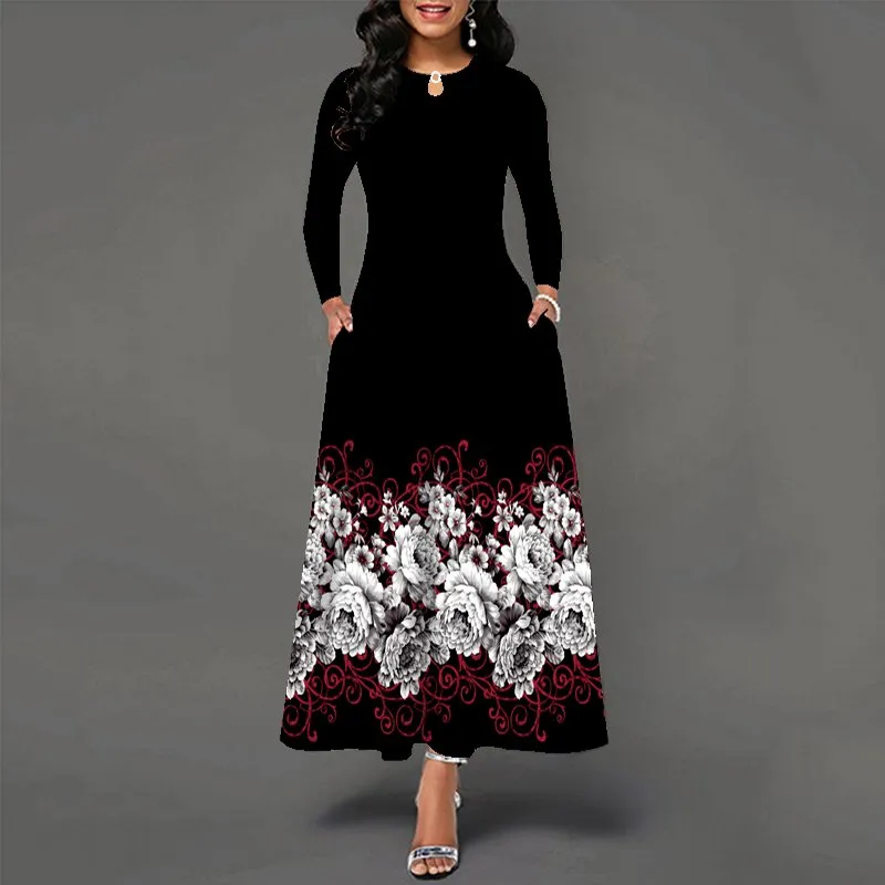 DHgate.com:Womens Autumn Winter Floral Print Maxi Dress with DHgate.com:Womens Autumn Winter Floral Print Maxi Dress with