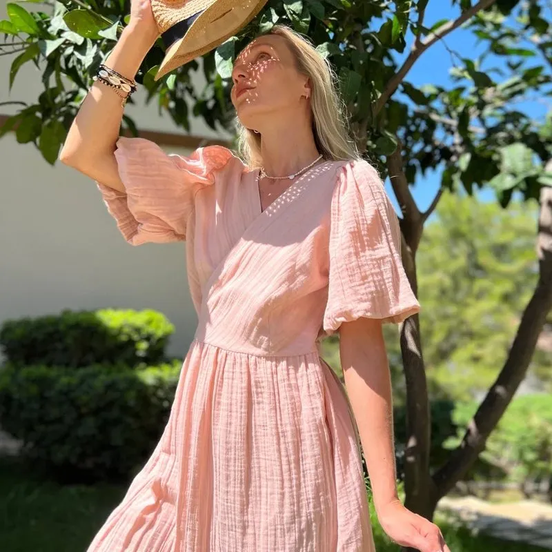 Muslin 100% Cotton Gauze Large Dress for Women V-Neck Puff Sleeve Bandage  Chic Elegant Party Beach from Dhgate Basic & Casual Dresses - price 47.02