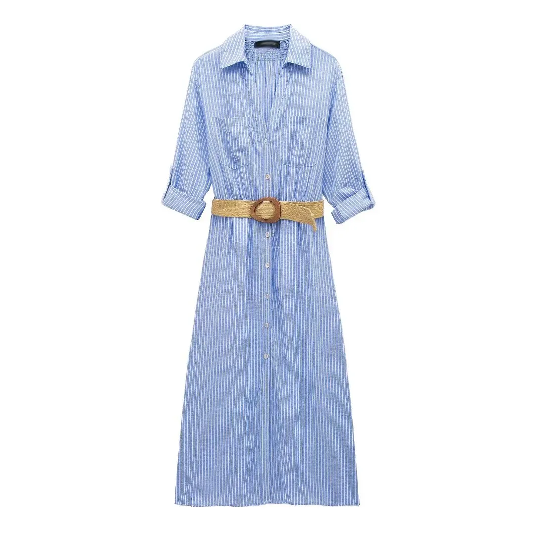 DHgate.com:Womens Summer Striped Shirt Dress: Pleated Midi