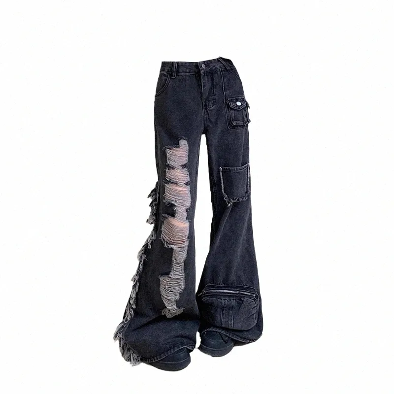 Ripped Cargo Pants Baggy Japanese Denim Trousers Y2k Vintage 2000s