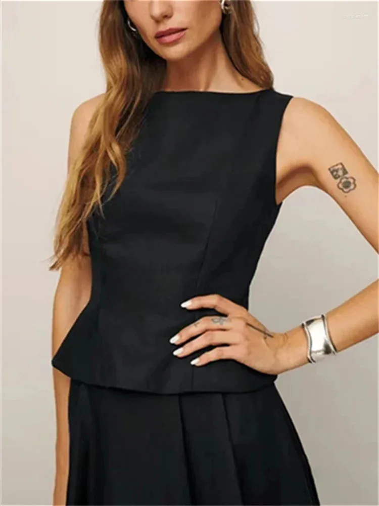 2024 Women's Summer Work Dress Set: Solid Color Sleeveless Top and A-Line  Skirt