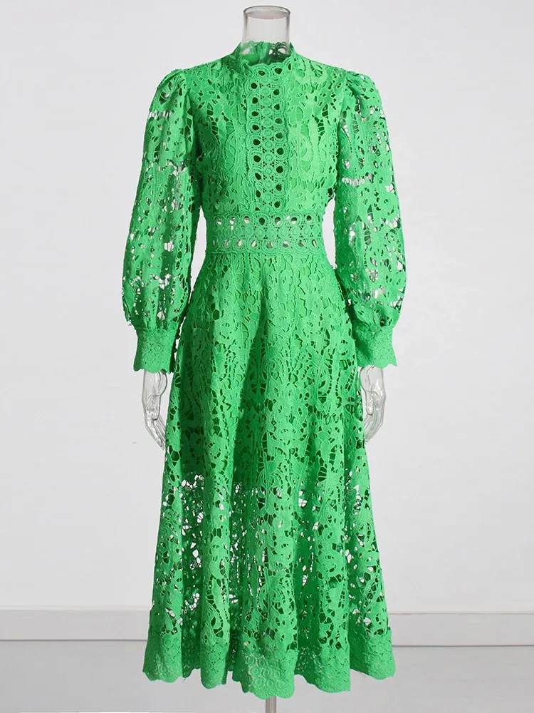 chinese dress ladies Women Cut-out Waist Dress Long Sleeve Half High-Neck Elastic Waist Dre –  Kate Kasin main image 1