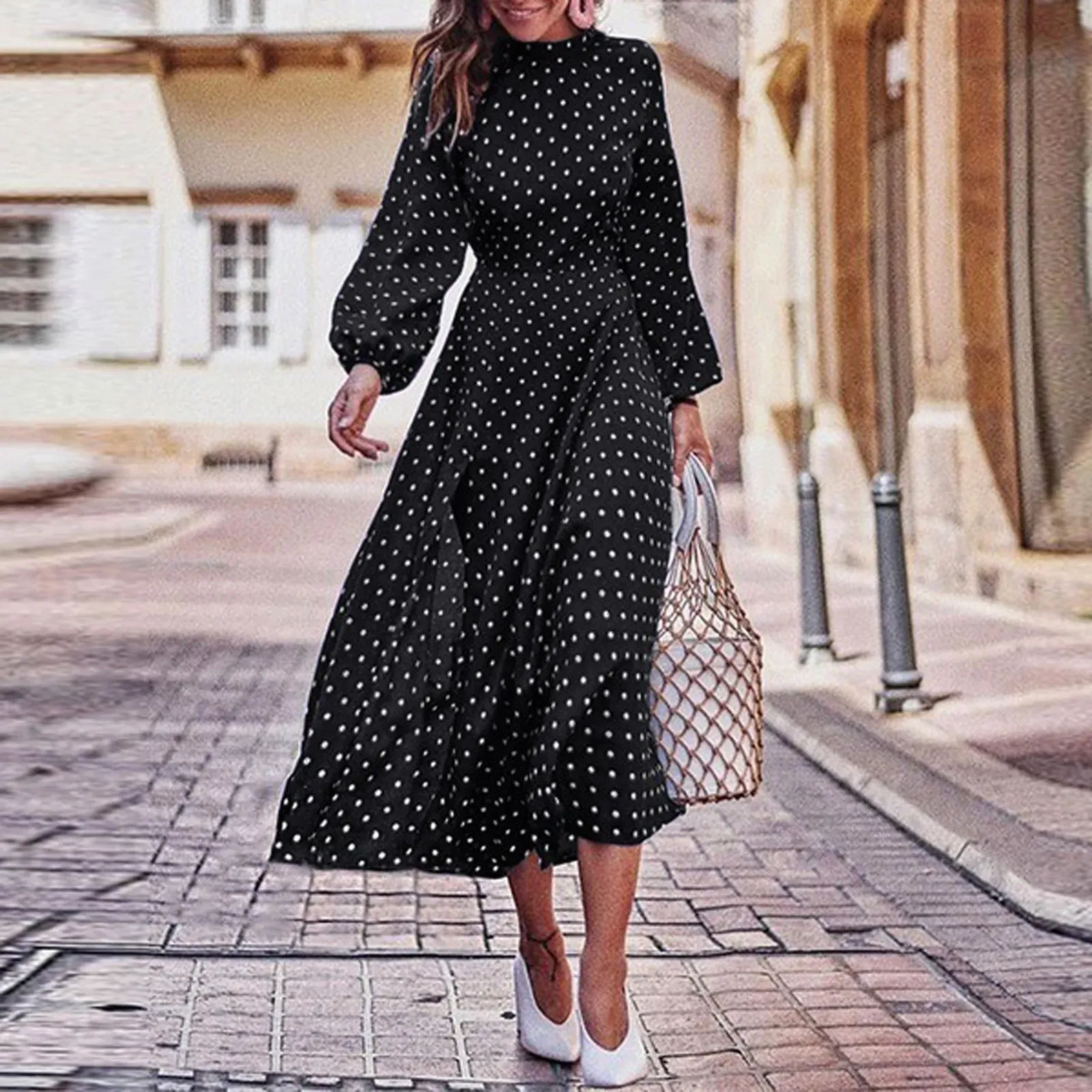 chinese dress ladies Black Polka Dot Ruffle Maxi Dress - All Dresses