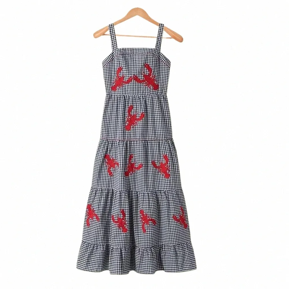 Plaid Midi Dress with Embroidered Lobster Detail A-line Summer Dress with  Square Neck and Loose Hem from Dhgate Basic & Casual Dresses - price 32.63