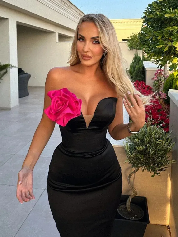 Strapless Black Bandage Maxi Dress With Pink Rose... From Lu01, $24.35 |  DHgate.Com