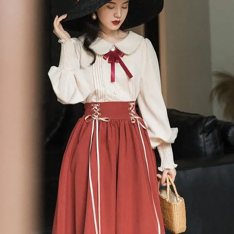 Japanese Vintage Preppy 2-Piece Dress Set: Peter Pan Collar