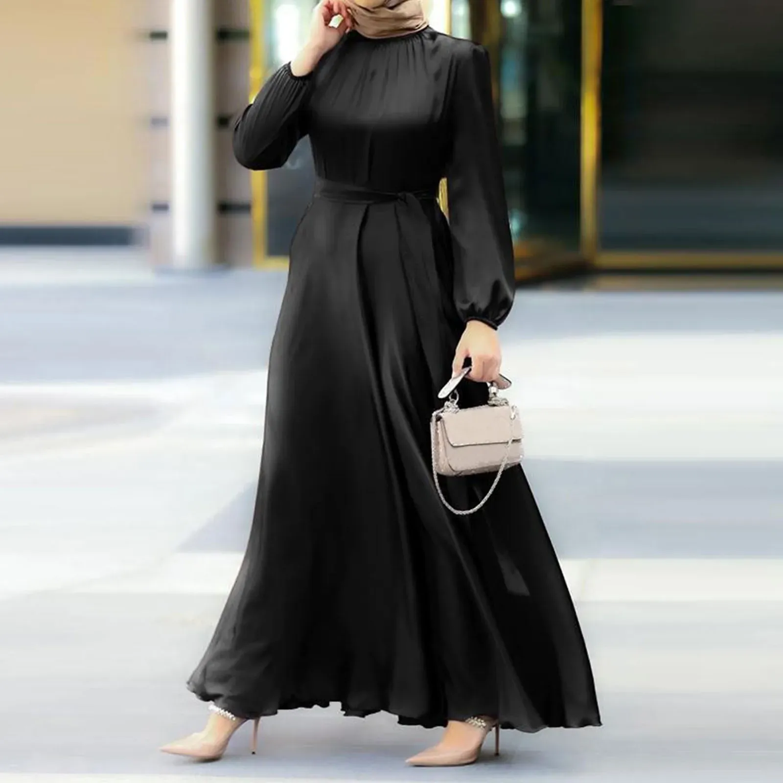 DHgate Elegant Puff Sleeve Satin Maxi Dress Chic Spring Party Abaya for Modern Muslim Women Apparel