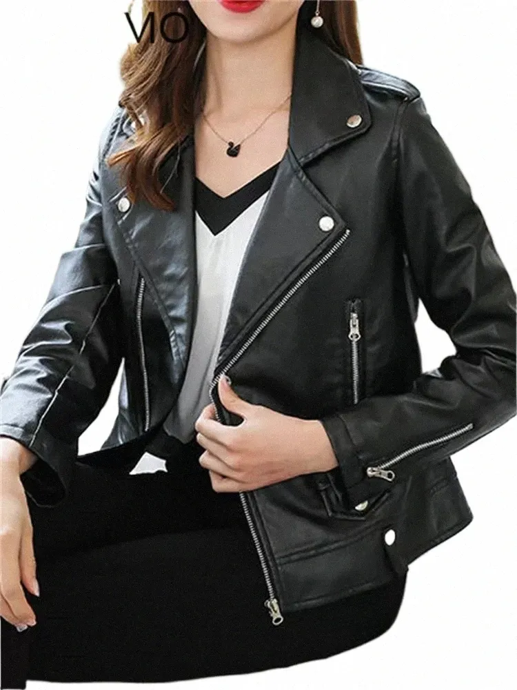 Faux Leather Jacket: Womens Cool Fall Solid Color Zipper