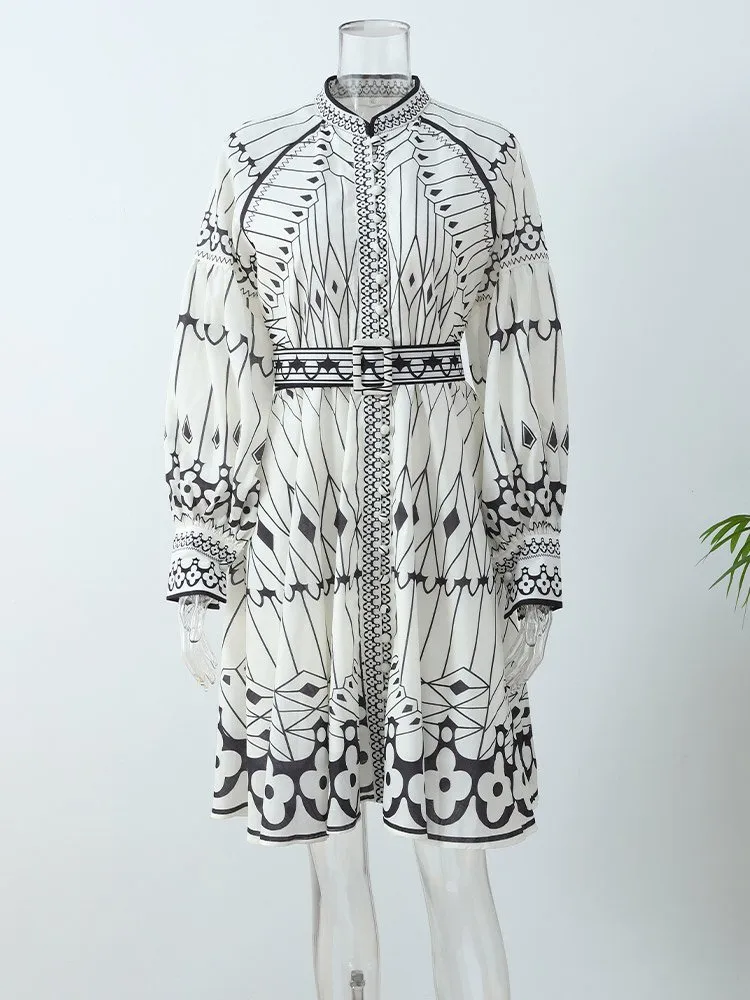Elegant Print A-line Midi Dress with Belt and Lantern Long Sleeves for Women from Dhgate Basic & Casual Dresses - price 57.05 Elegant Print A-line Midi Dress with Belt and Lantern Long Sleeves for Women from Dhgate Basic & Casual Dresses - price 57.05