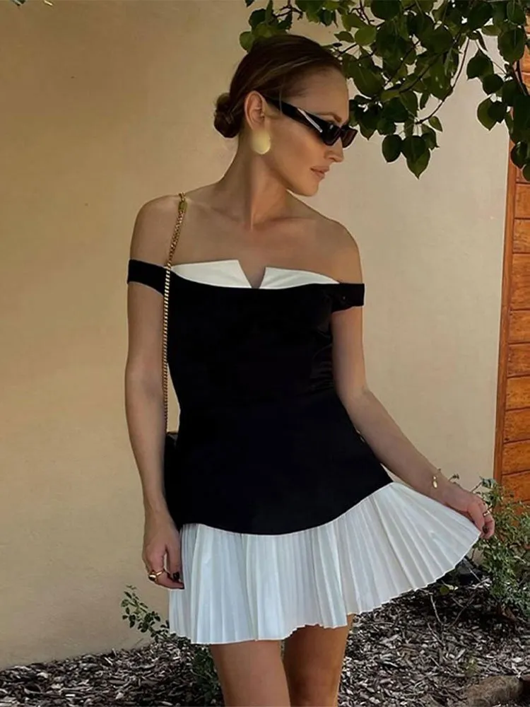 strapless open back dress Contrast Patchwork Off Shoulder Flared Mini Dress main image 1