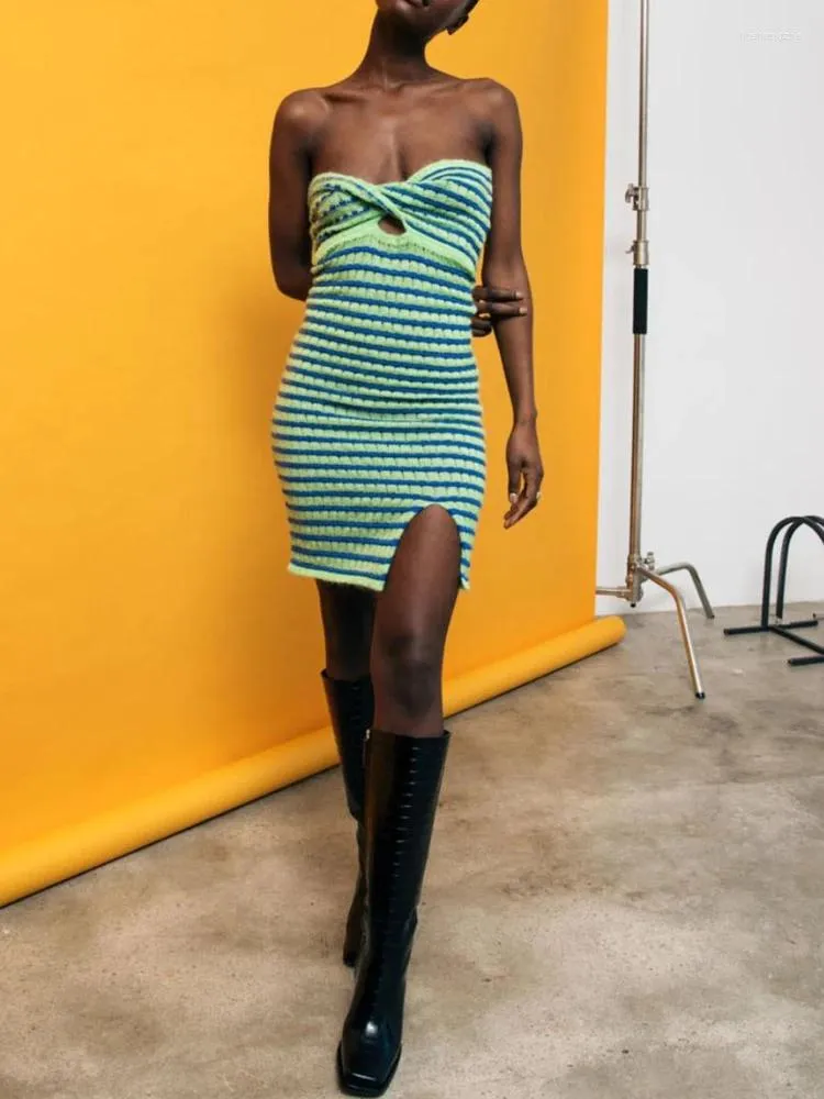 Striped Knitted Bodycon Dress with Hollow Out Details Mini Strapless Summer Dress for Women, Y2K Vintage Style Striped Knitted Bodycon Dress with Hollow Out Details Mini Strapless Summer Dress for Women, Y2K Vintage Style