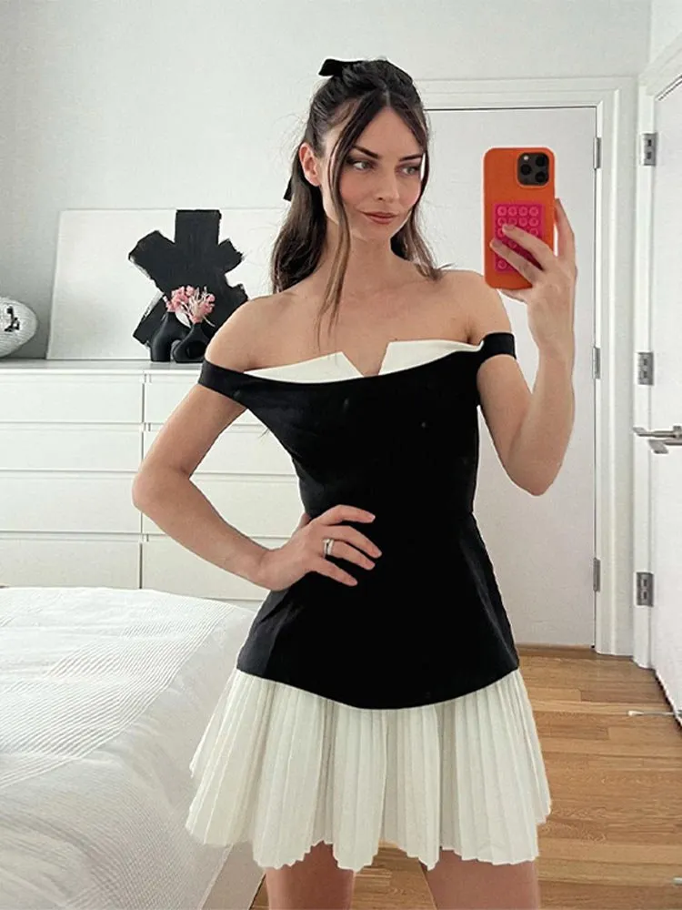 strapless open back dress OFF-SHOULDER PATCHWORK PLEATED MINI DRESS – Sweet Chilling