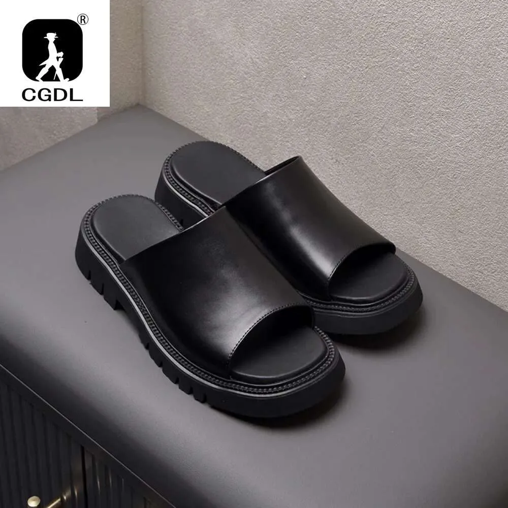 Men's 4cm Genuine Leather Heels, Handmade Casual Outdoor Business Slippers