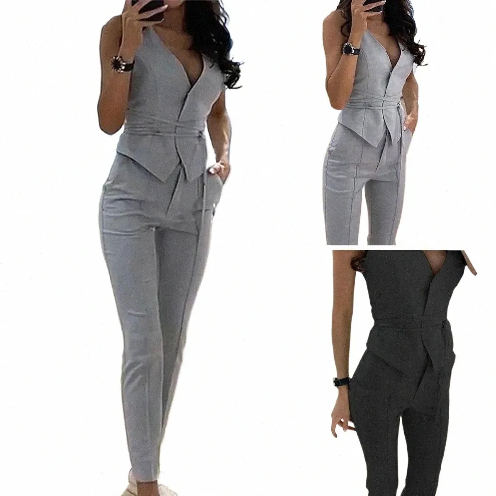 Womens Sleeveless Waistcoat and Pants Office Outfit with Tie Waist