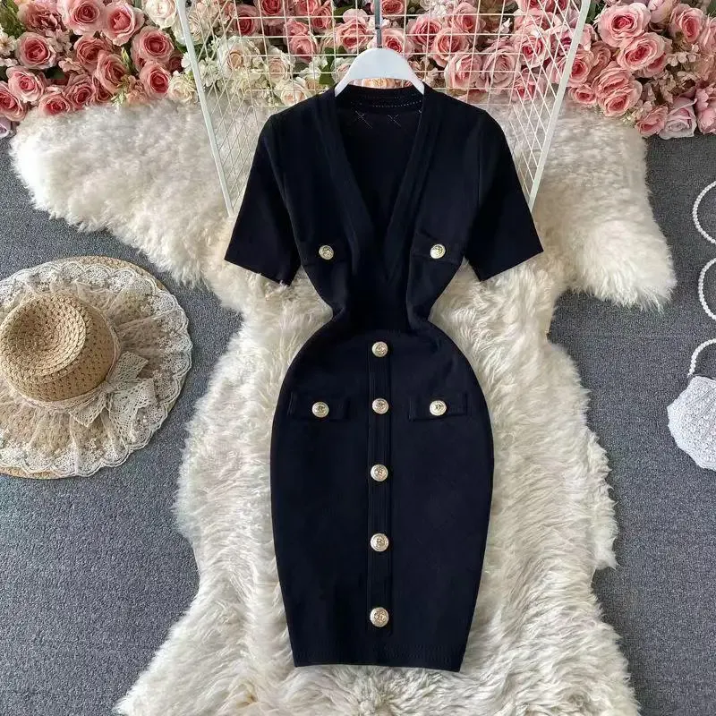 パーティードレス Deep V-Neck Knit Dress DHgate.com:Elegant Deep V-Neck Knit Dress: Short-Sleeved