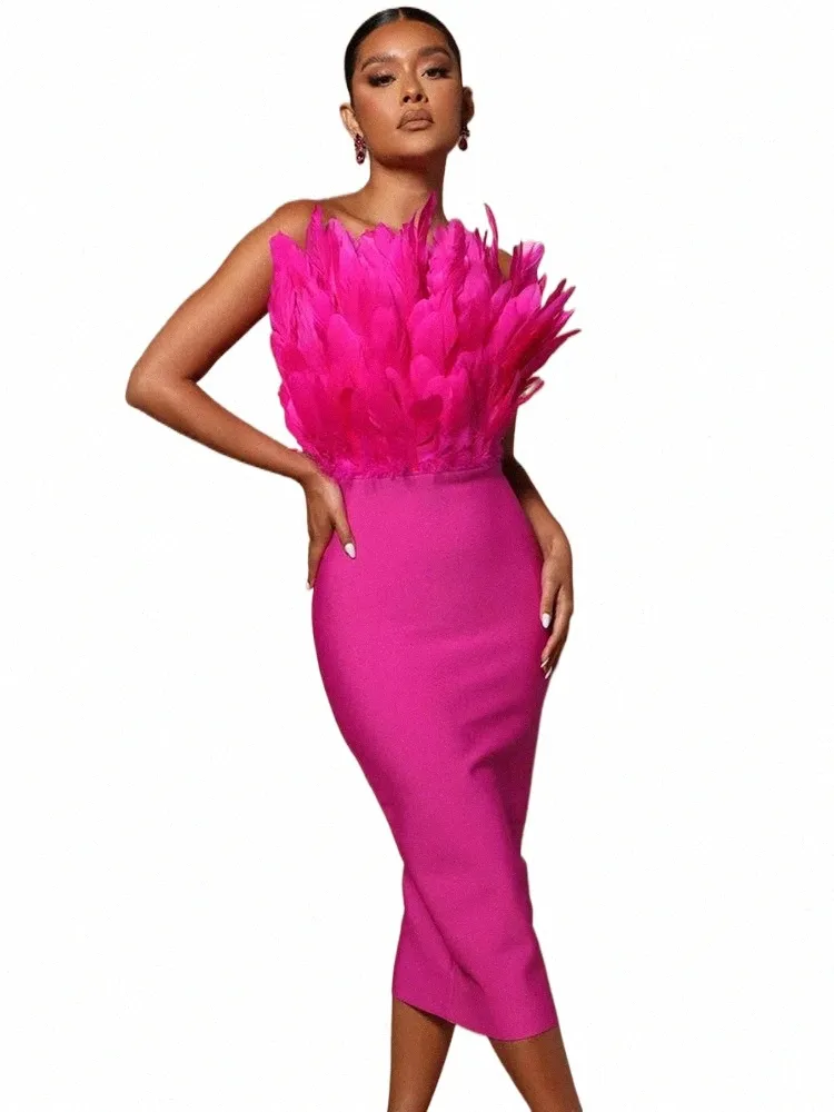 Strappy Feather Trim Bodycon Bandage Midi Dress for Women Pink