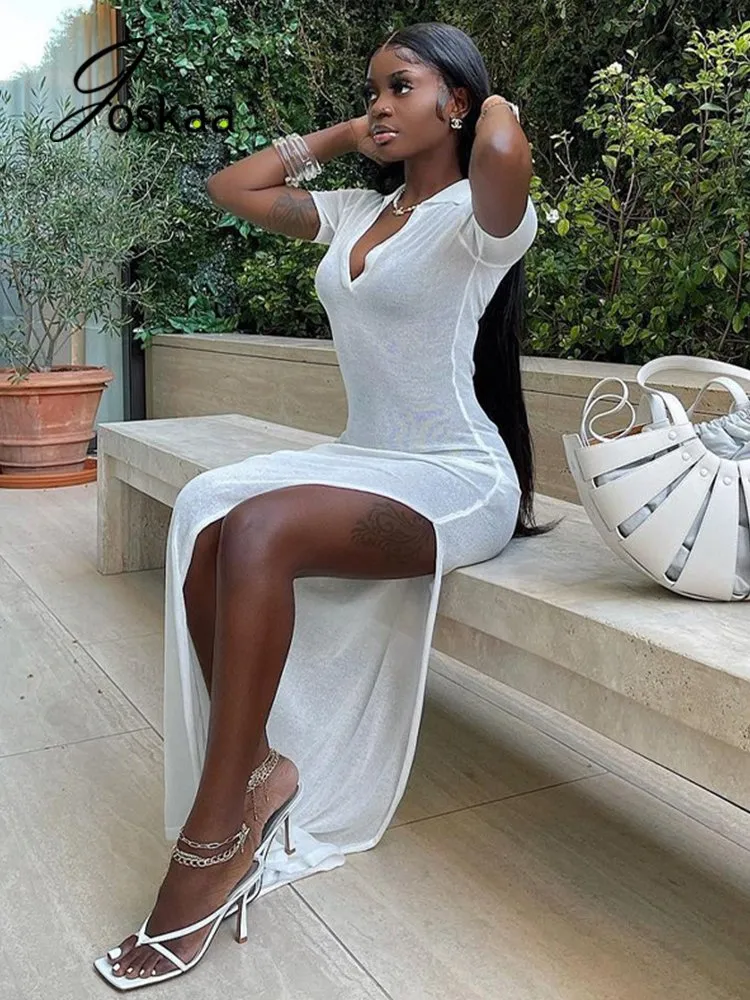 DHgate White Short Sleeve Bodycon Maxi Dress Sexy Club High Split Elegant Summer Party Clubwear Apparel