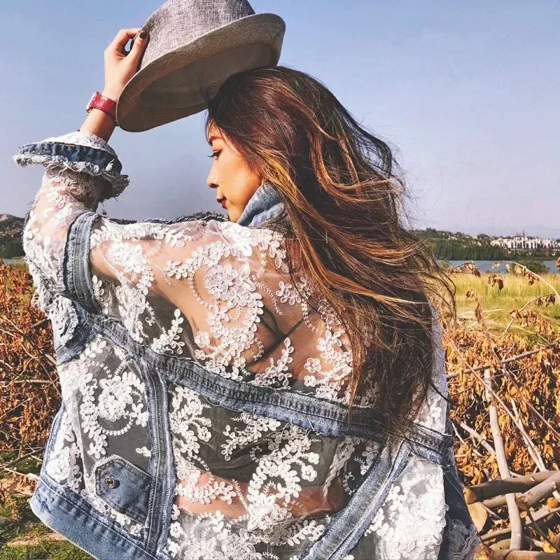 DHgate.com:Embroidered Lace Patched Denim Jacket: Womens